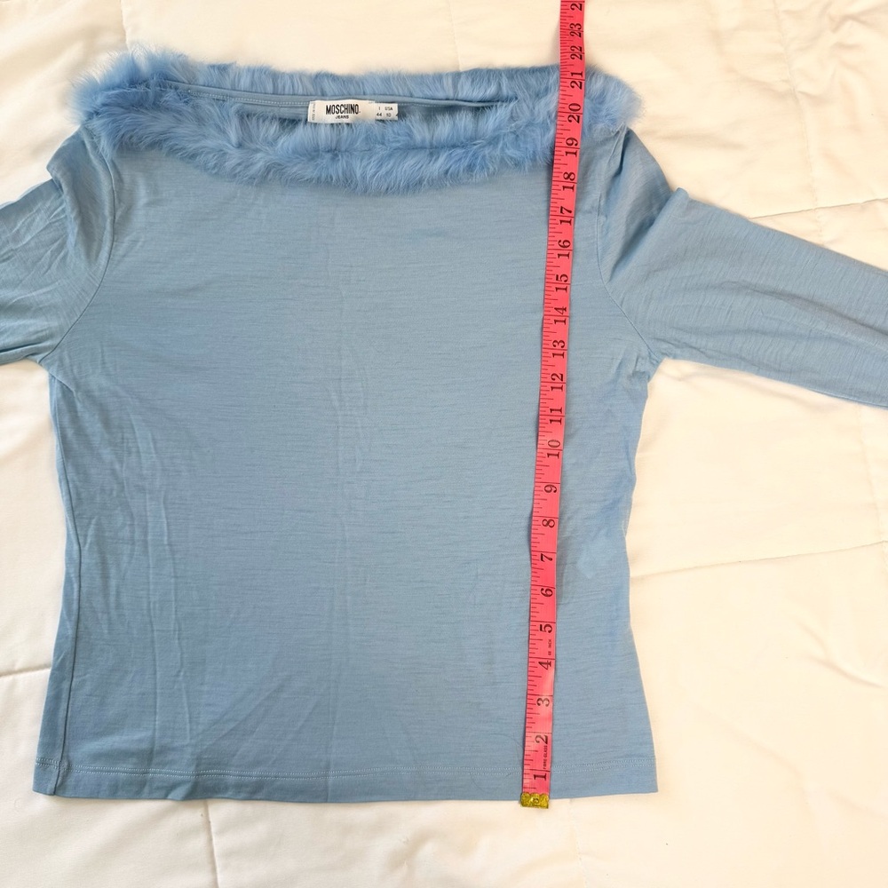 Moschino Pastel Blue Fur Trim Top Long Sleeve Size‎ 10 USA Made in Italy - Picture 7 of 10